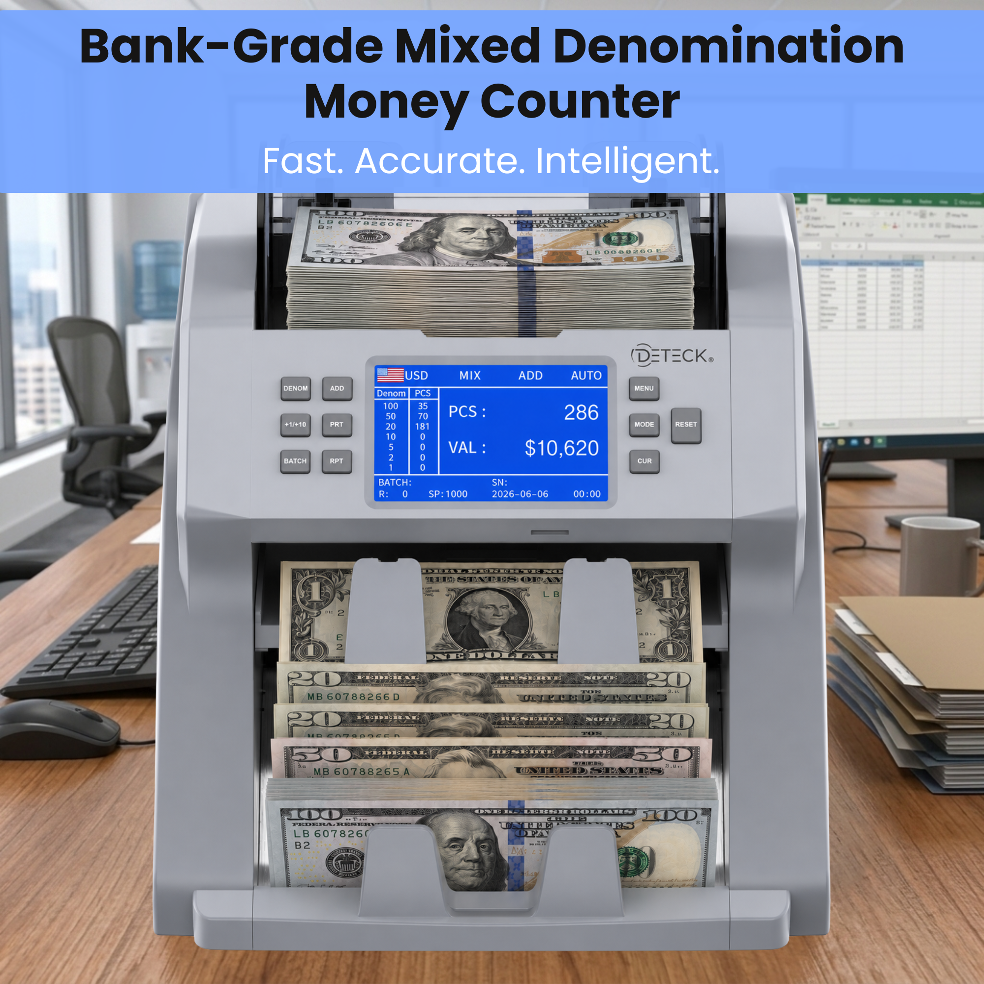DETECK DT700 Bank Grade Mixed Denomination Money Counter with Reject Pocket