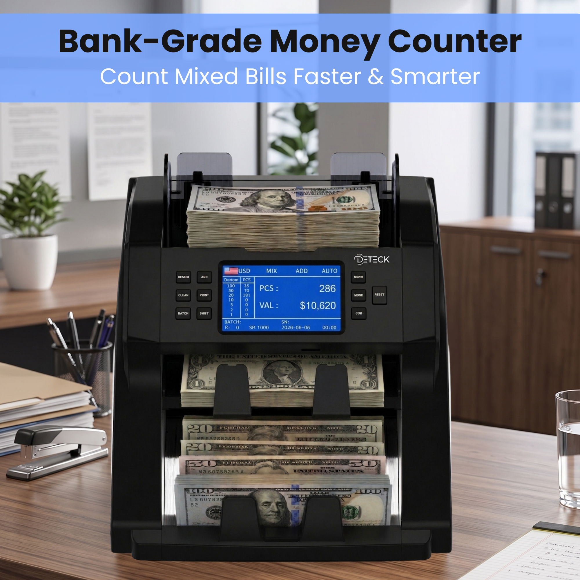 DETECK DT700 Bank Grade Mixed Denomination Money Counter with Reject Pocket