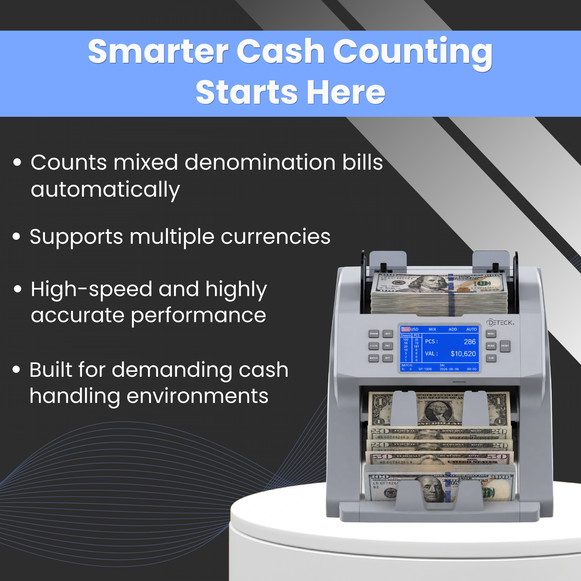 DETECK DT700 Bank Grade Mixed Denomination Money Counter with Reject Pocket