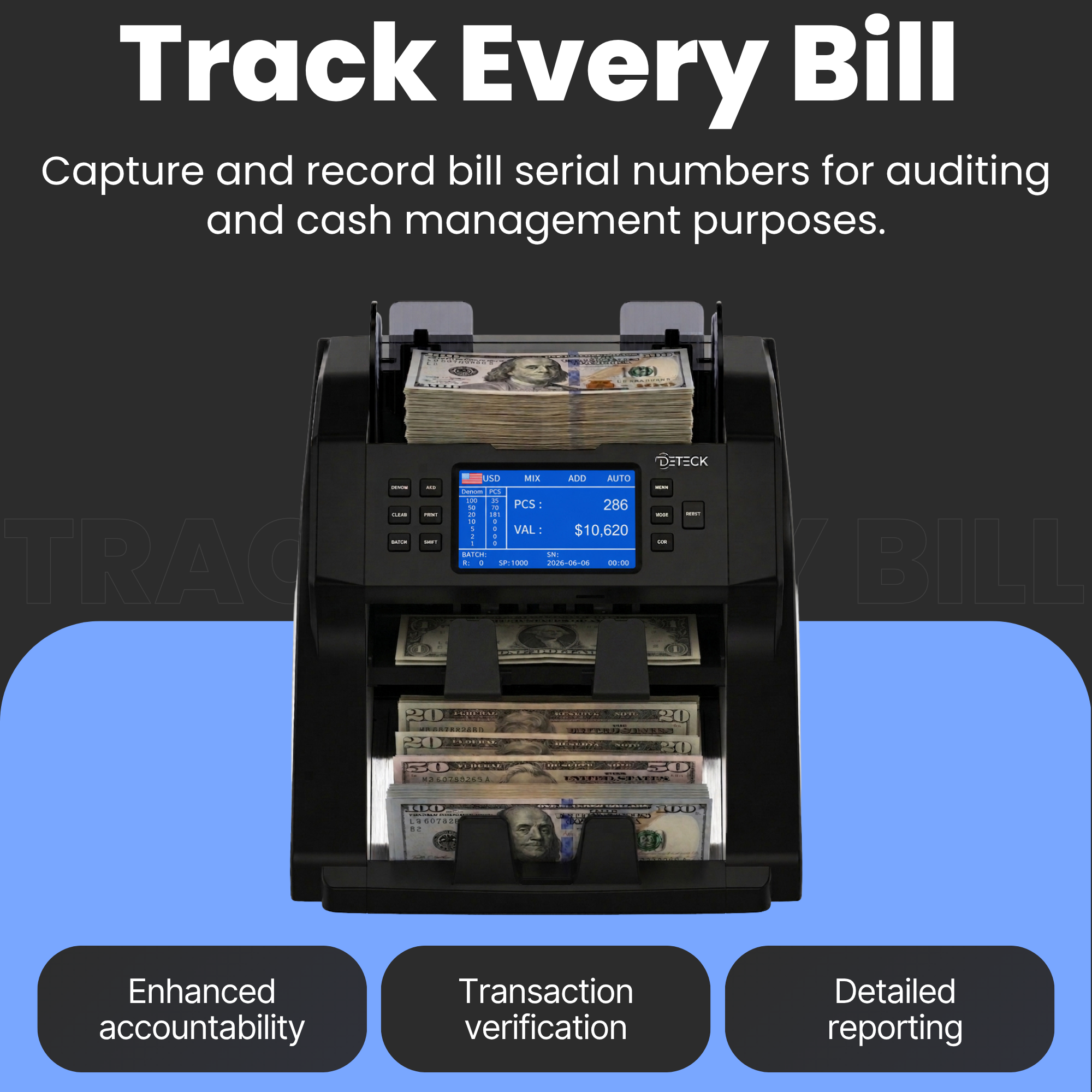 DETECK DT700 Bank Grade Mixed Denomination Money Counter with Reject Pocket