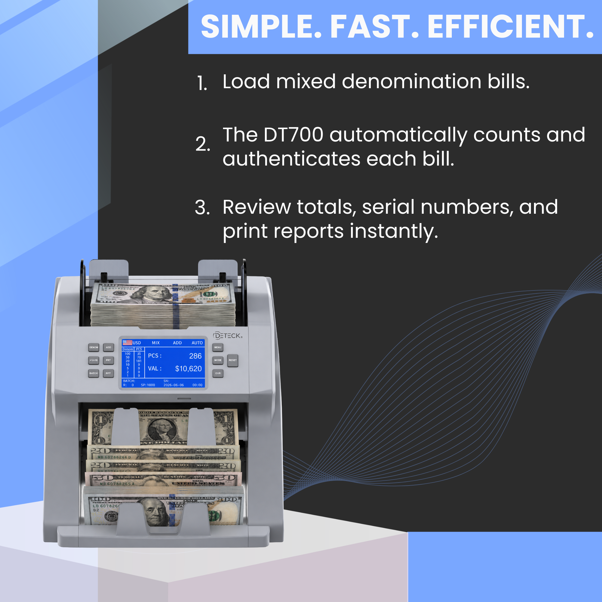 DETECK DT700 Bank Grade Mixed Denomination Money Counter with Reject Pocket