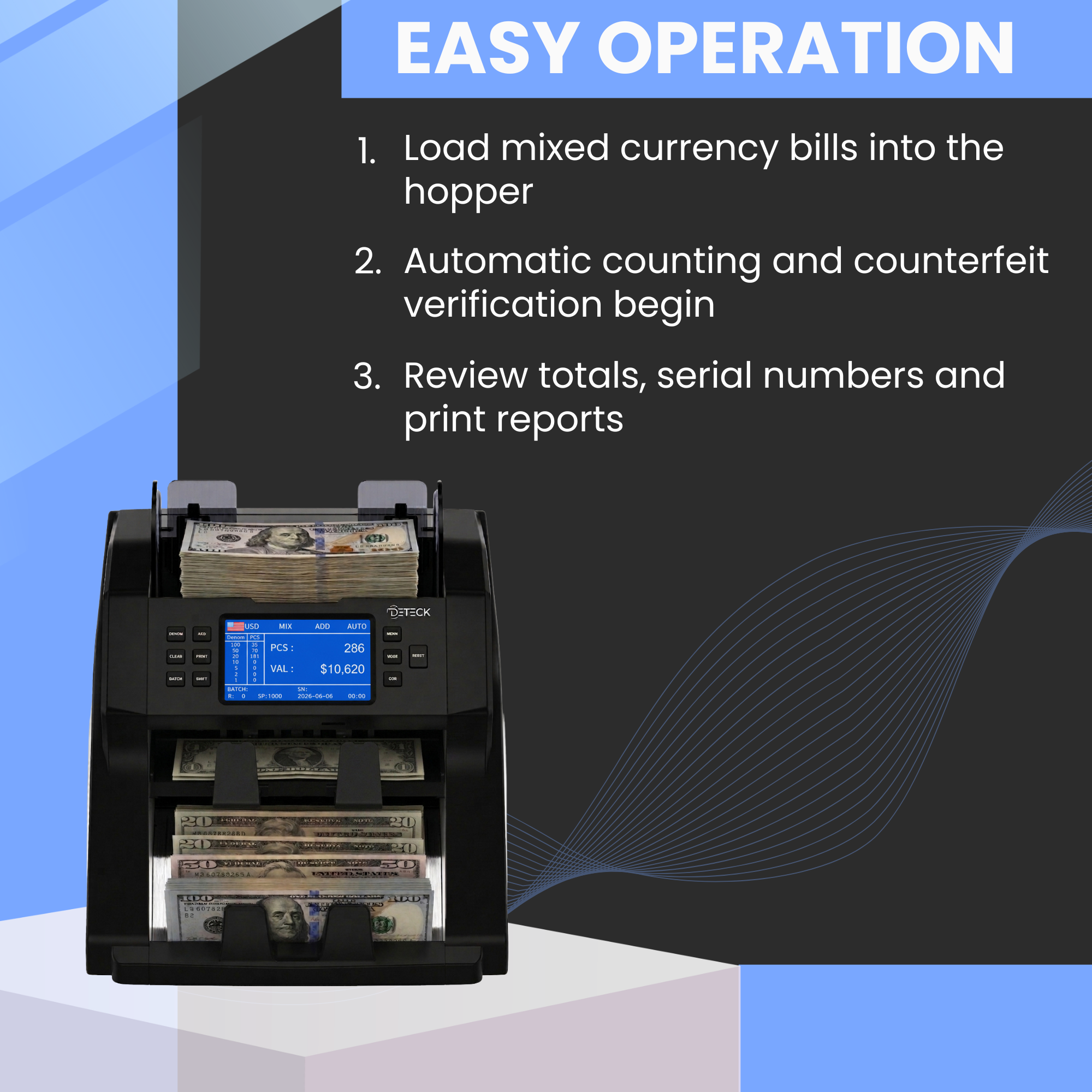 DETECK DT700 Bank Grade Mixed Denomination Money Counter with Reject Pocket